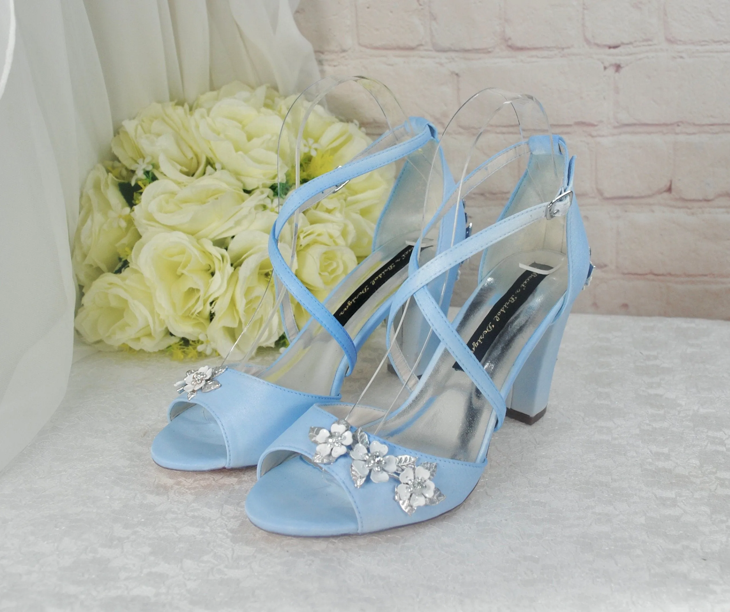 Blue Satin Block Heel Bridal Sandals UK4/US6.5