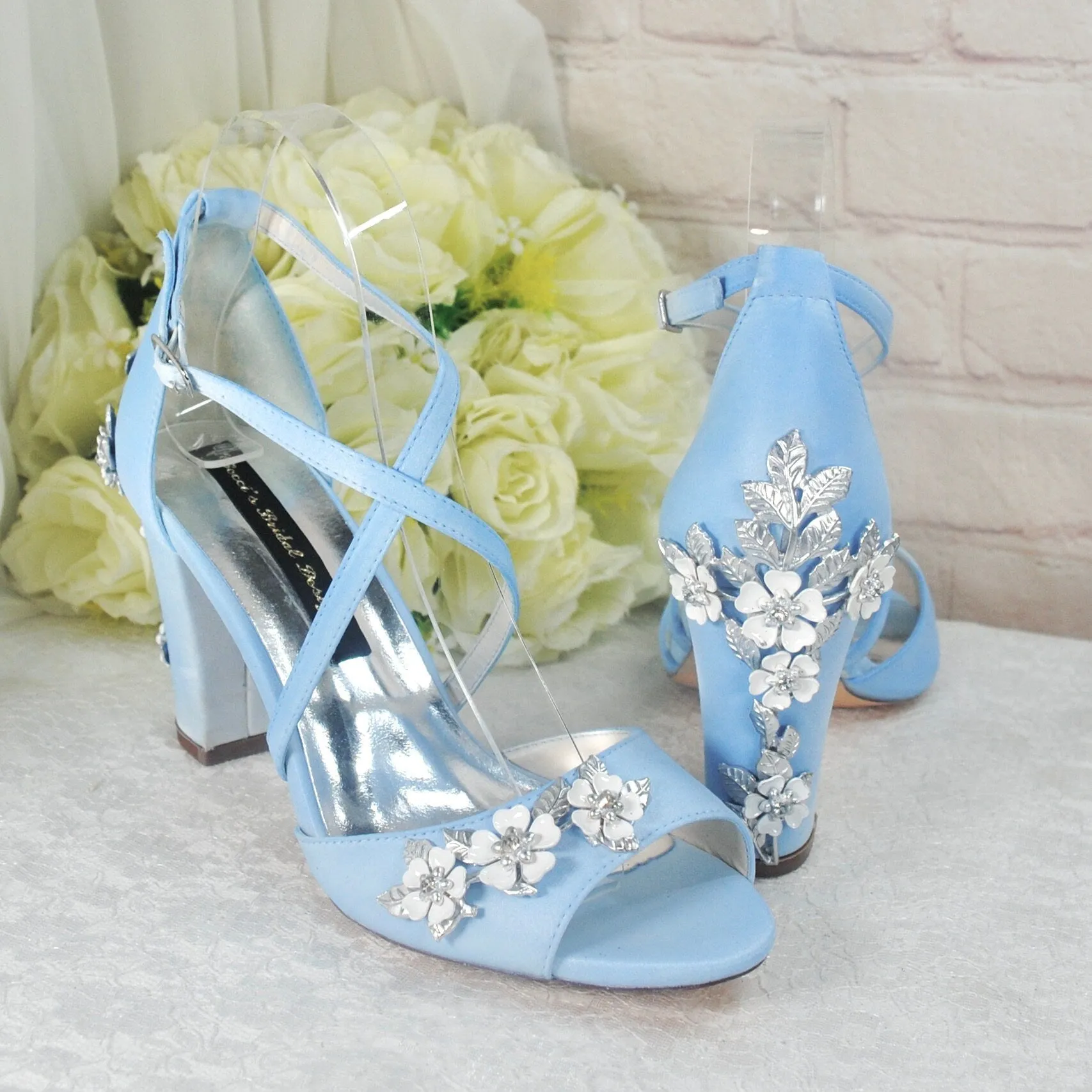 Blue Satin Block Heel Bridal Sandals UK4/US6.5