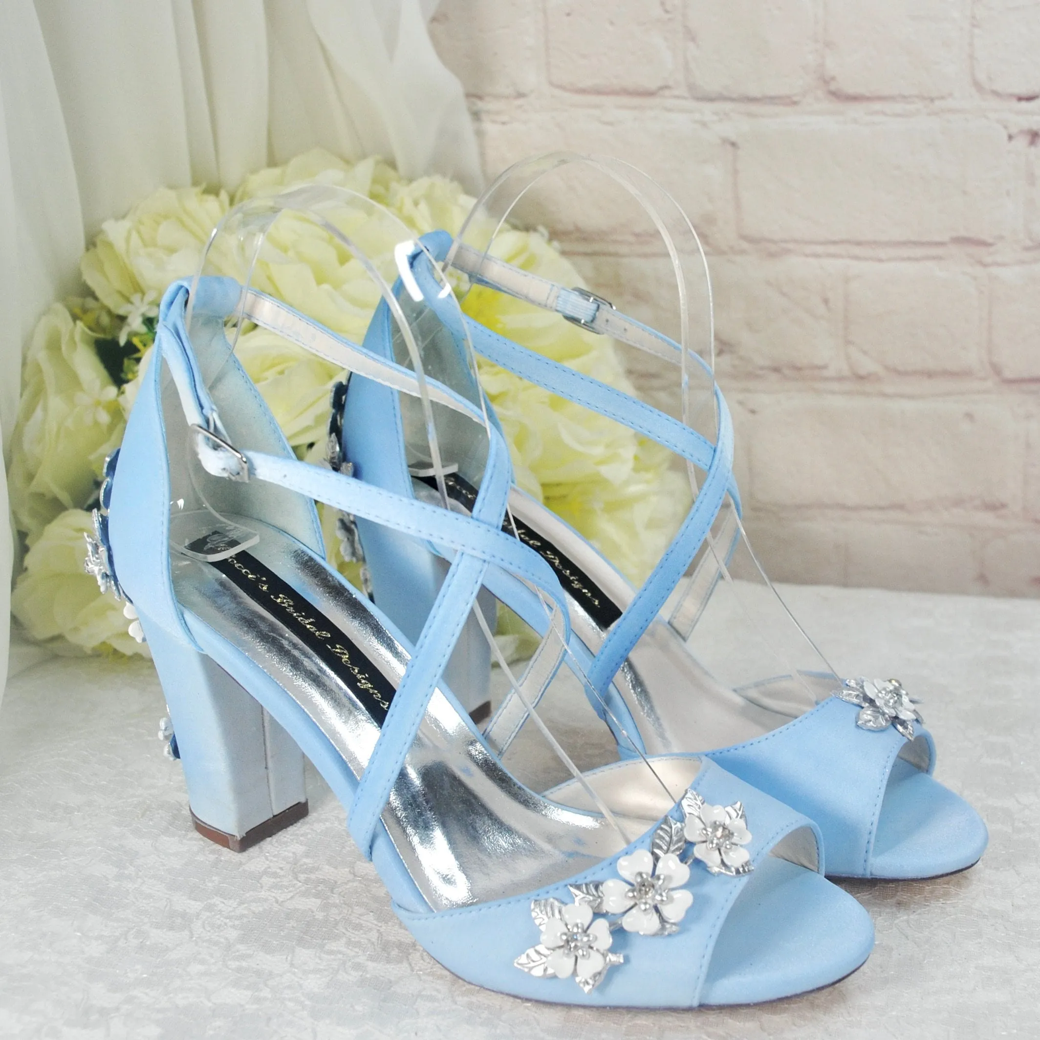 Blue Satin Block Heel Bridal Sandals UK4/US6.5