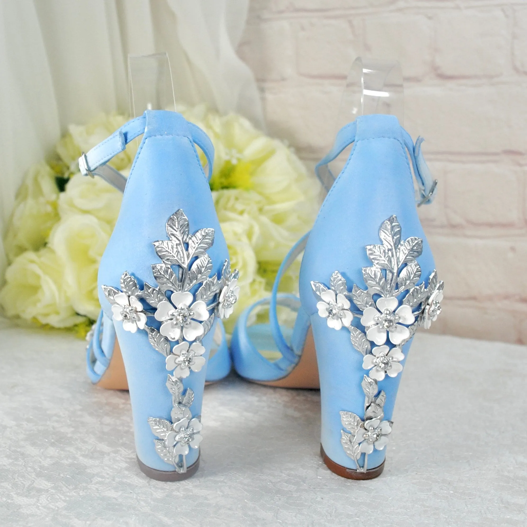 Blue Satin Block Heel Bridal Sandals UK4/US6.5