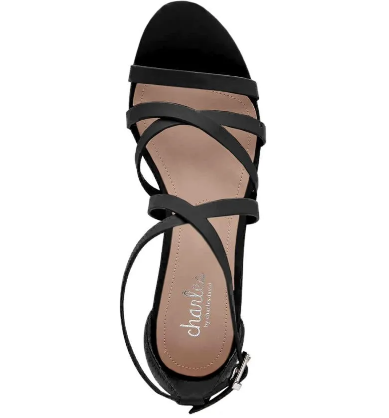 Charles David LEAWOOD Black Leather Espadrille Cork Wedge Heeled Platform Sandal