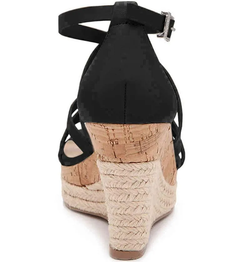 Charles David LEAWOOD Black Leather Espadrille Cork Wedge Heeled Platform Sandal