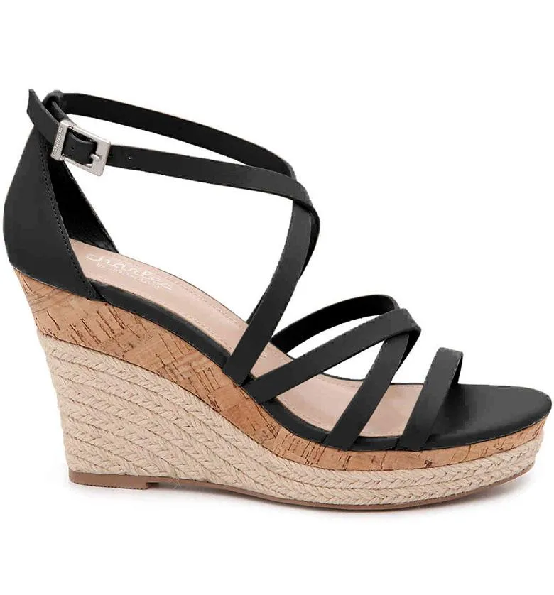 Charles David LEAWOOD Black Leather Espadrille Cork Wedge Heeled Platform Sandal