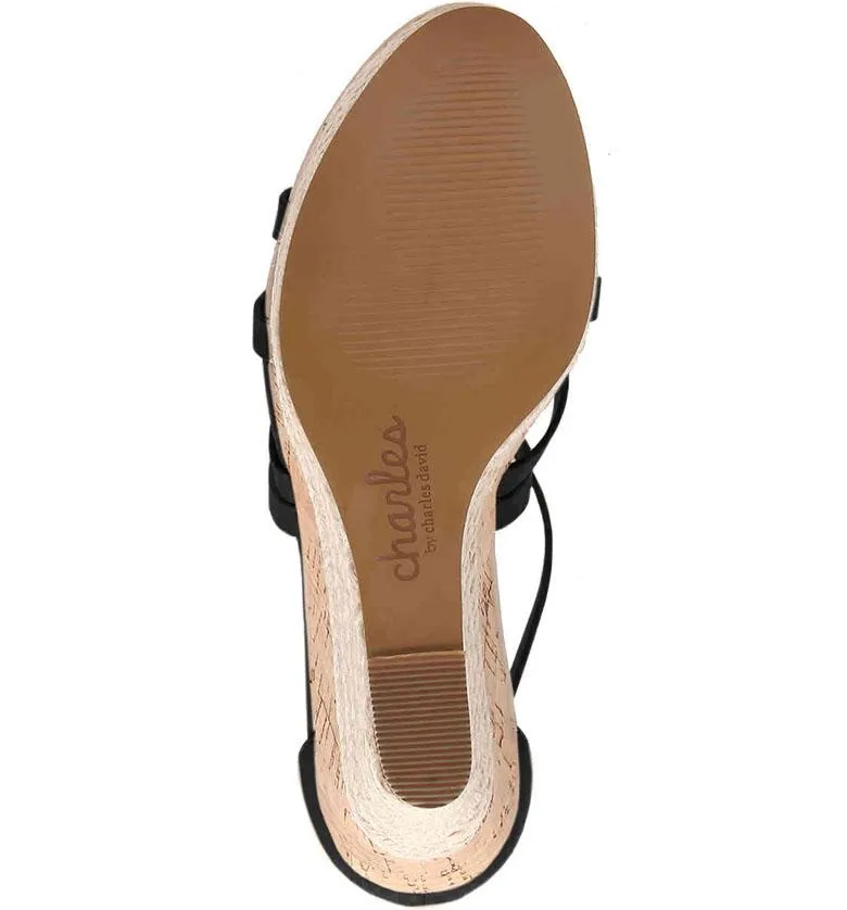 Charles David LEAWOOD Black Leather Espadrille Cork Wedge Heeled Platform Sandal