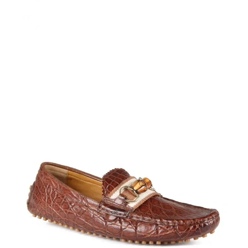 Gucci Dark tan crocodile leather bamboo detail driving shoes