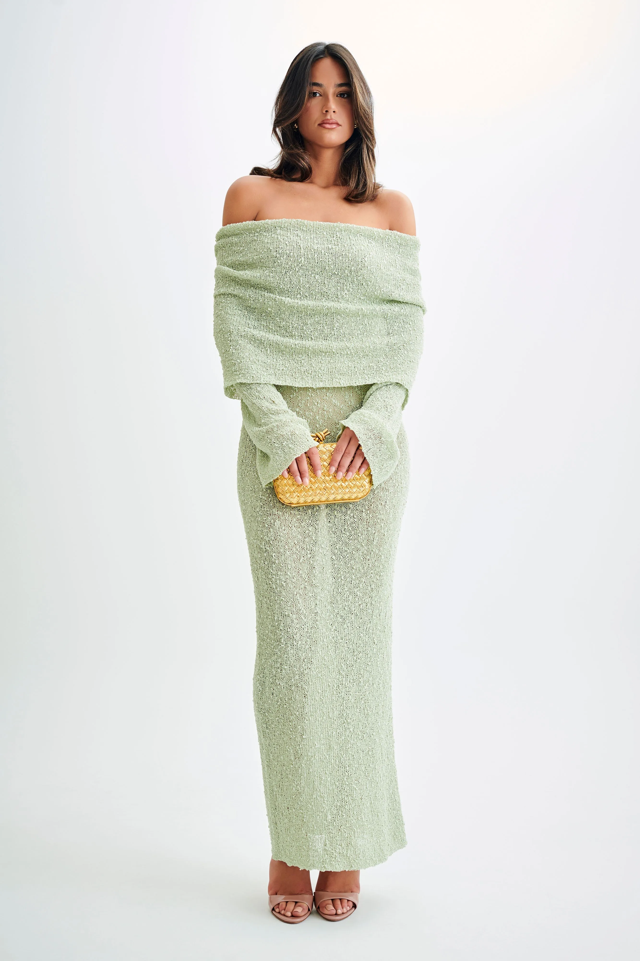 Marisol Off Shoulder Boucle Maxi Dress - Pastel Green