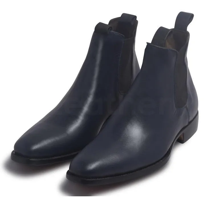 Men Blue Chelsea Pull On Genuine Leather Boots