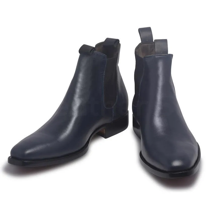 Men Blue Chelsea Pull On Genuine Leather Boots