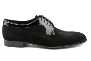 Men's Suede Derby Shoes with Shiny Patent Leather Details, Plain Toe Derby Lace-Ups, Black Derby Shoes: Syd by Debbano