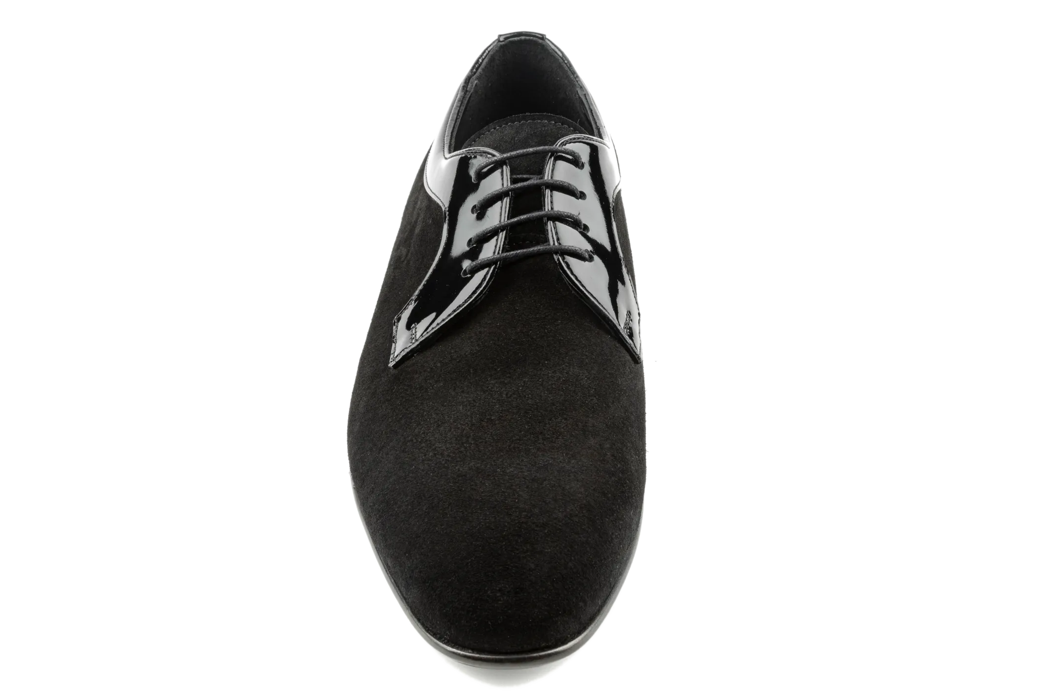 Men's Suede Derby Shoes with Shiny Patent Leather Details, Plain Toe Derby Lace-Ups, Black Derby Shoes: Syd by Debbano