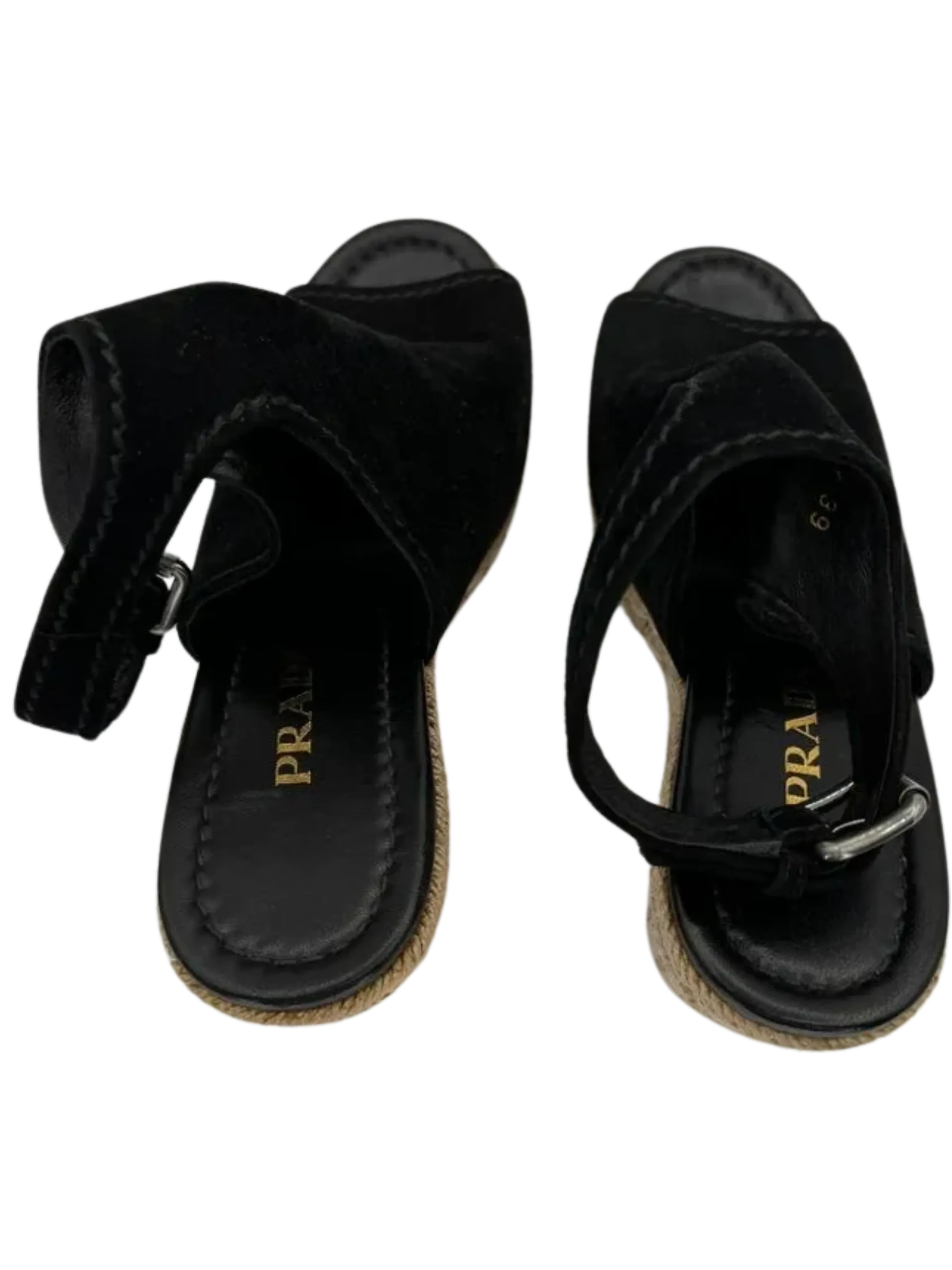 *NEW* Prada Black Suede Open Toe Espadrille Slingback Wedges
