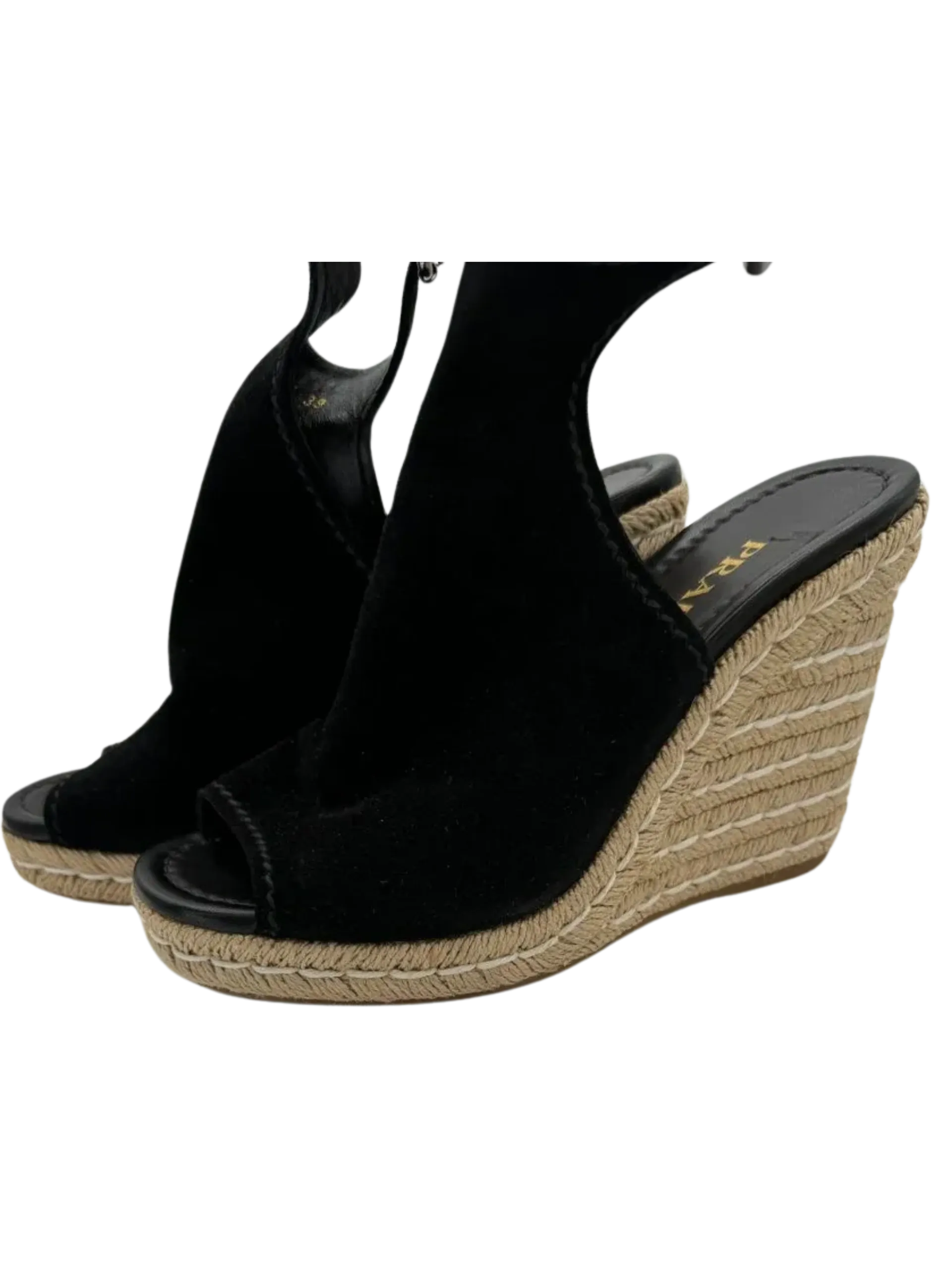 *NEW* Prada Black Suede Open Toe Espadrille Slingback Wedges