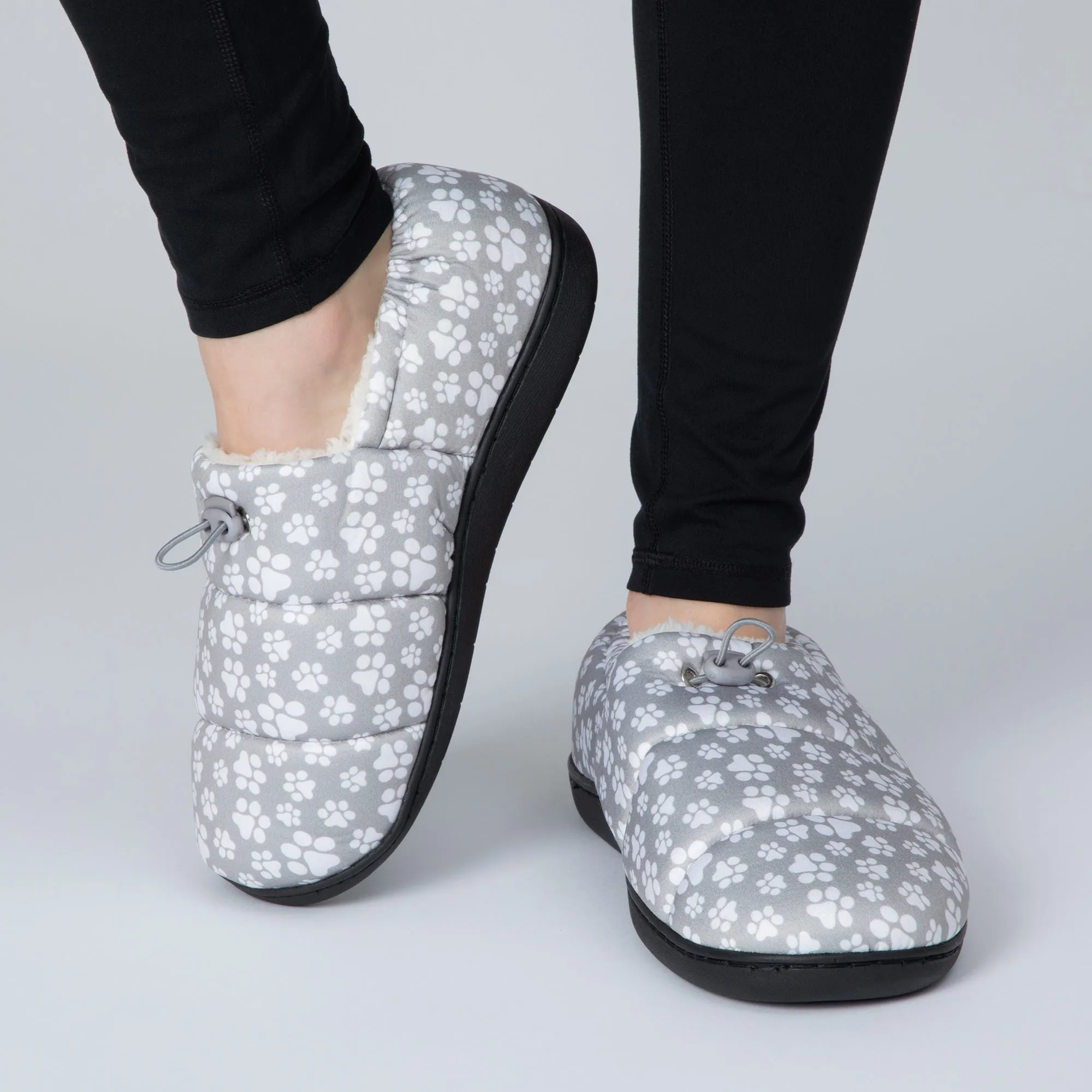 Paw Print Puffy Fleece-Lined Slippers with Toggle