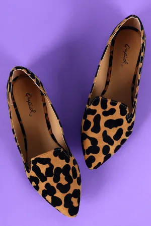 Qupid Leopard Suede Pointy Toe Loafer Flat