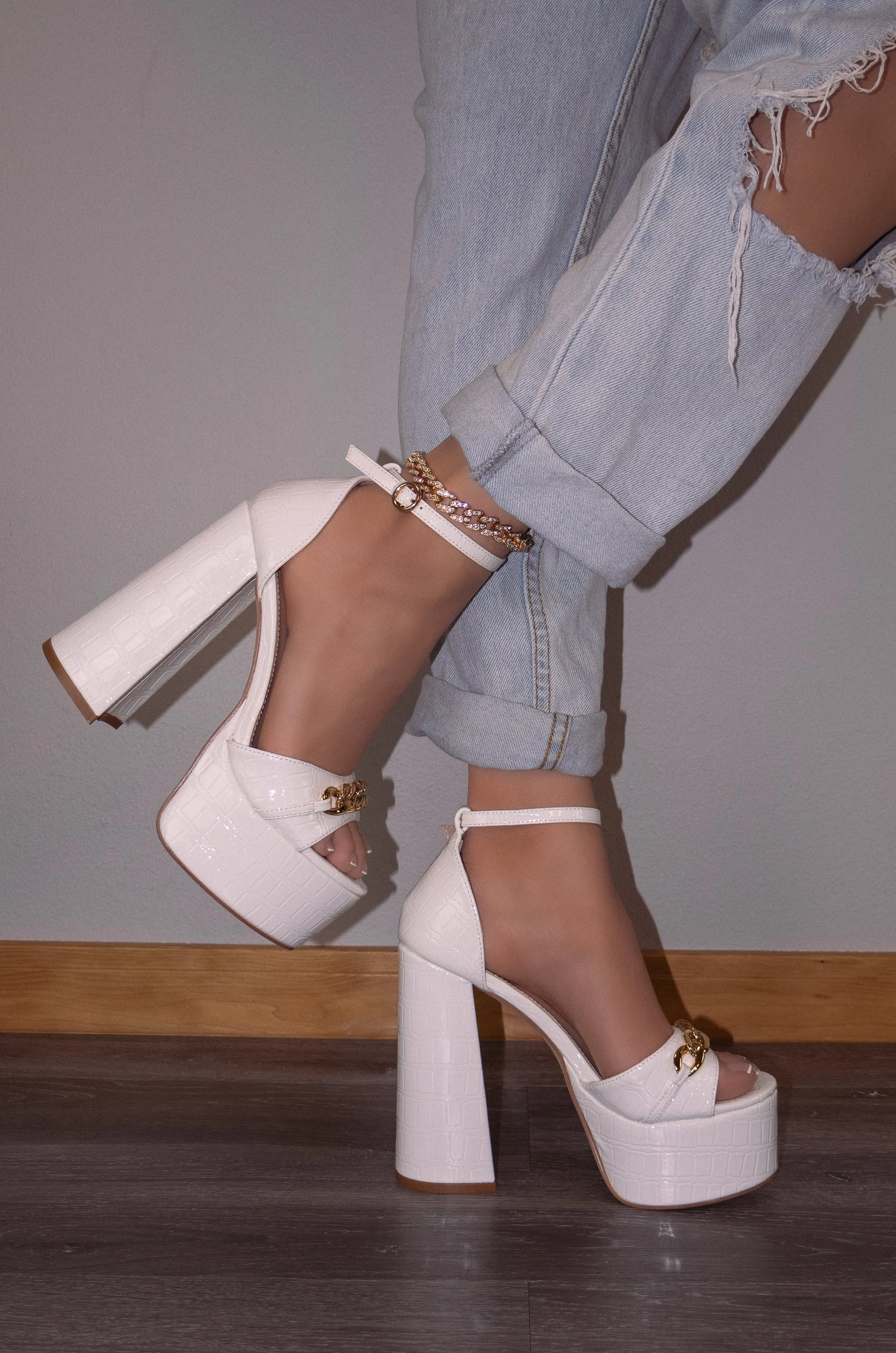 Rebecca - Ankle Strap Platform Heels, Gold-Tone Chain Detail, Bold & Glamorous Footwear for Evening or Special Occasions