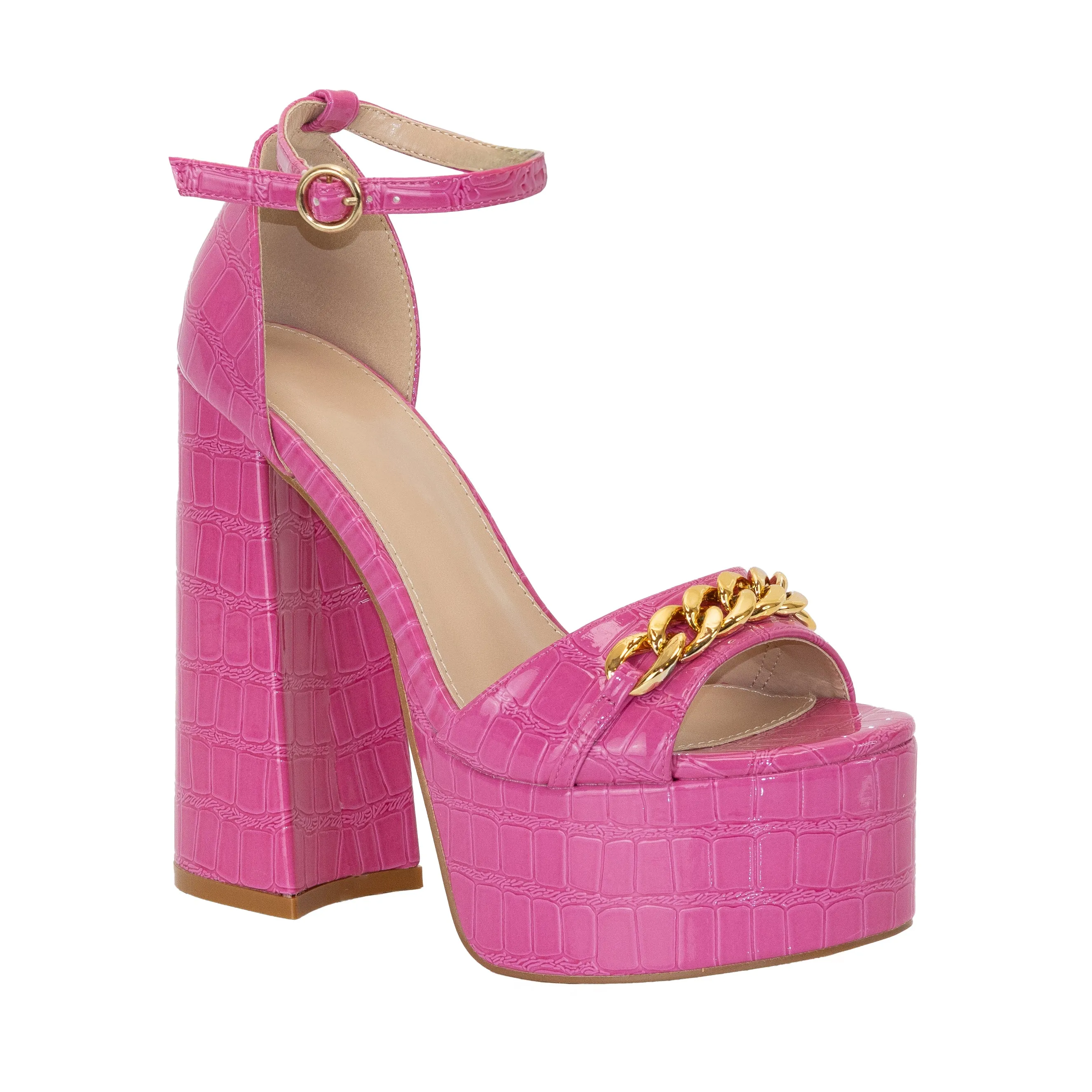 Rebecca - Ankle Strap Platform Heels, Gold-Tone Chain Detail, Bold & Glamorous Footwear for Evening or Special Occasions