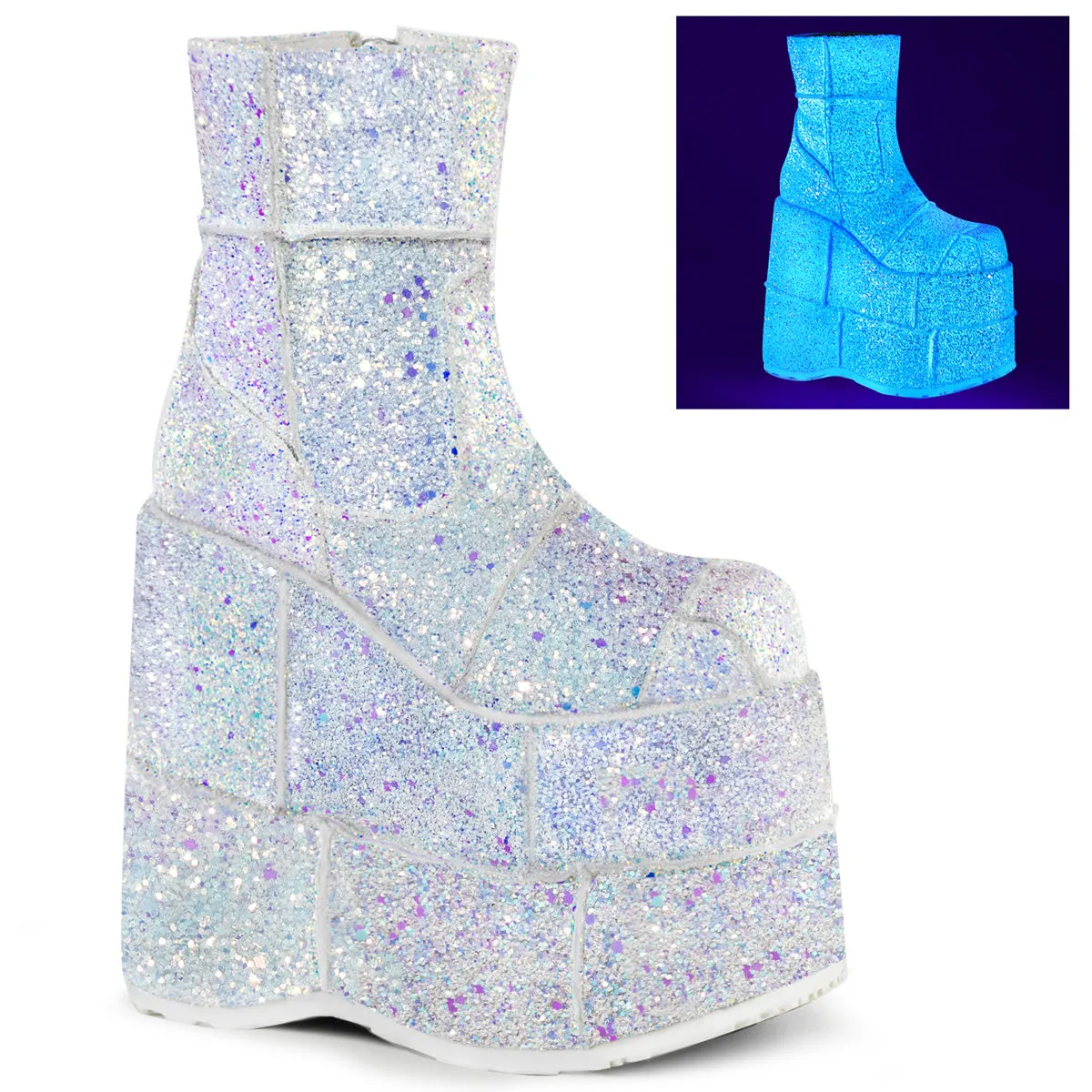 STACK-201G DemoniaCult White Multi Glitter Sexy Unisex Platform Shoes & Boots (Alternative Footwear)