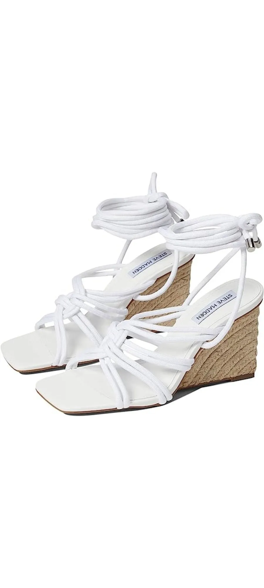 Steve Madden Idolized White Tie Up Strappy Squared Open Toe Wedge Heeled Sandals