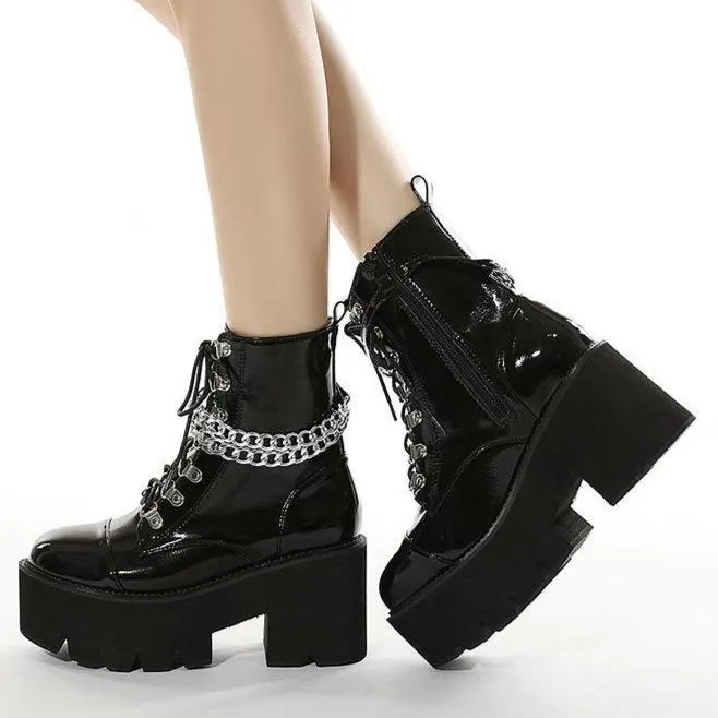 Women's black thick platform stempunk ankle boots metal décor gothic boots