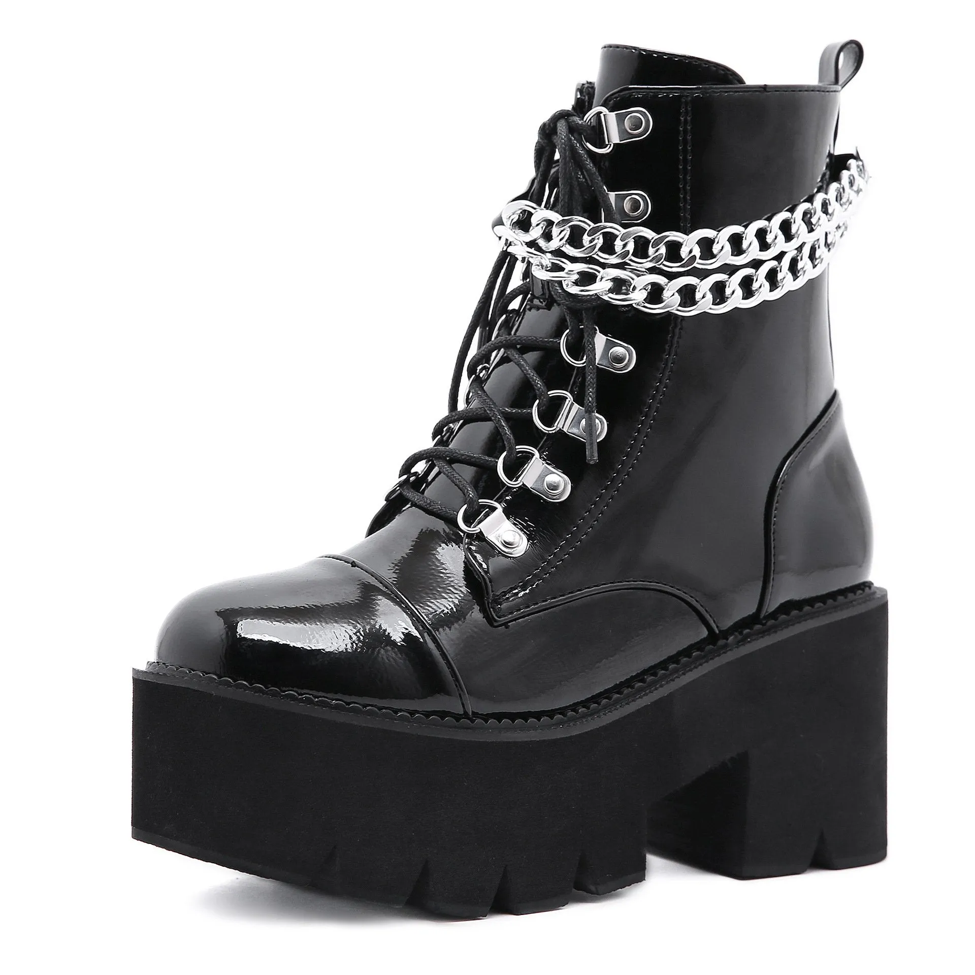 Women's black thick platform stempunk ankle boots metal décor gothic boots
