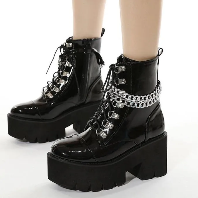 Women's black thick platform stempunk ankle boots metal décor gothic boots