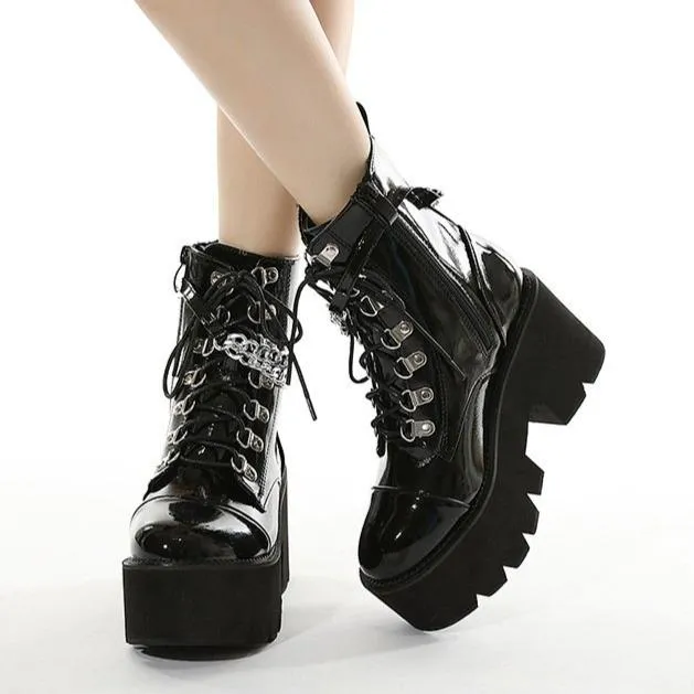 Women's black thick platform stempunk ankle boots metal décor gothic boots