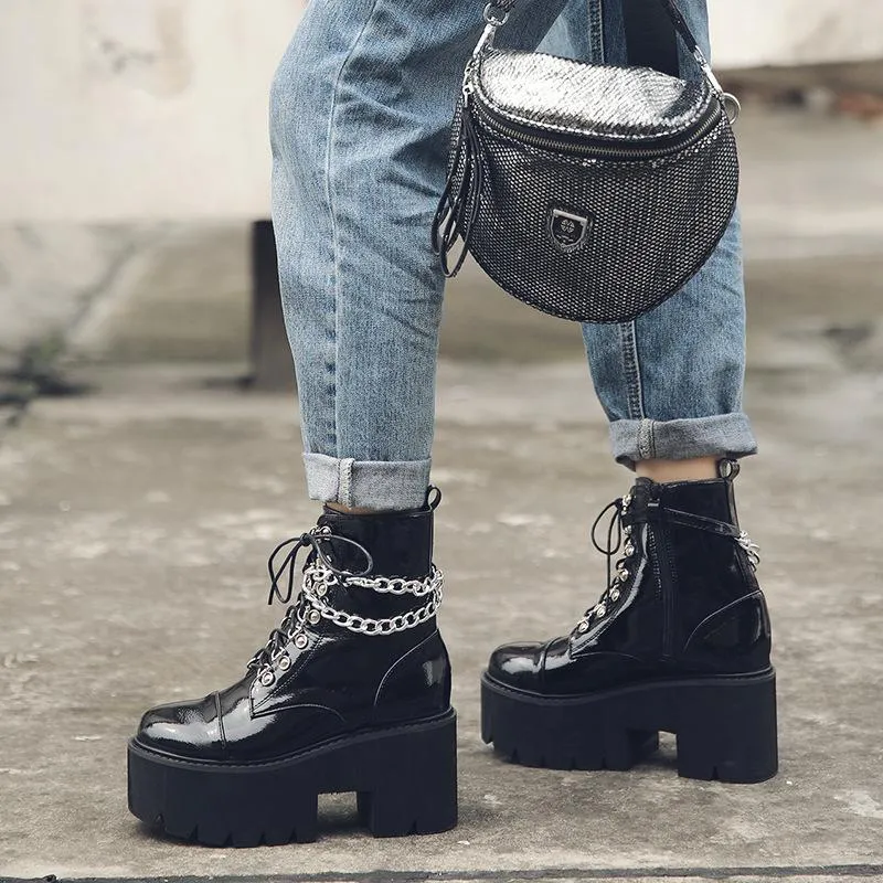 Women's black thick platform stempunk ankle boots metal décor gothic boots