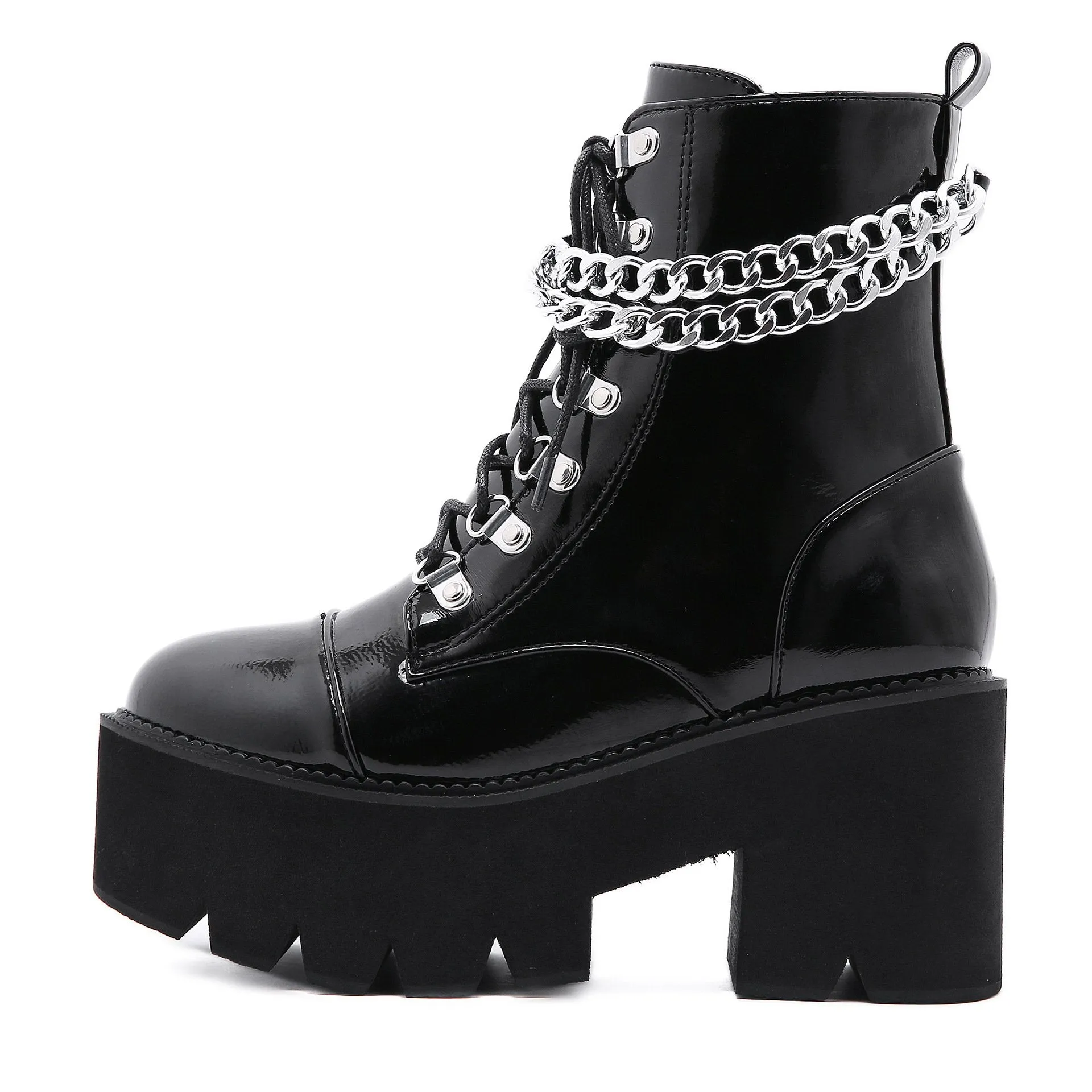 Women's black thick platform stempunk ankle boots metal décor gothic boots