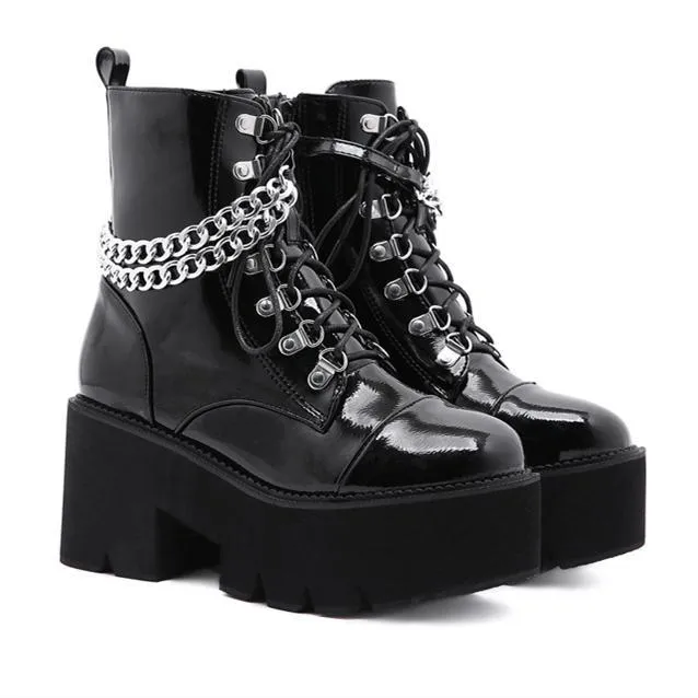 Women's black thick platform stempunk ankle boots metal décor gothic boots