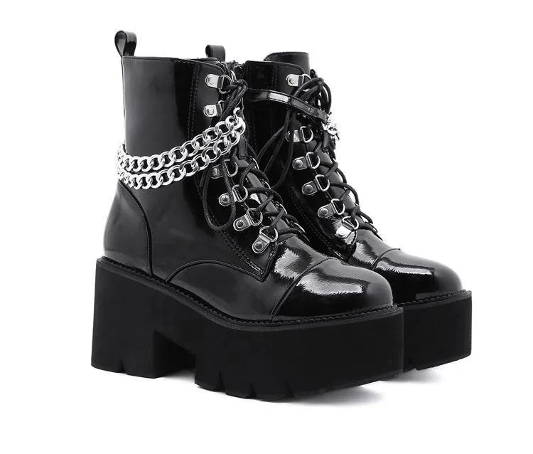 Women's black thick platform stempunk ankle boots metal décor gothic boots