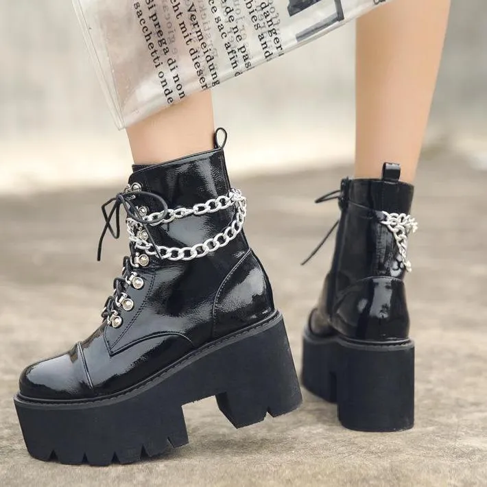 Women's black thick platform stempunk ankle boots metal décor gothic boots