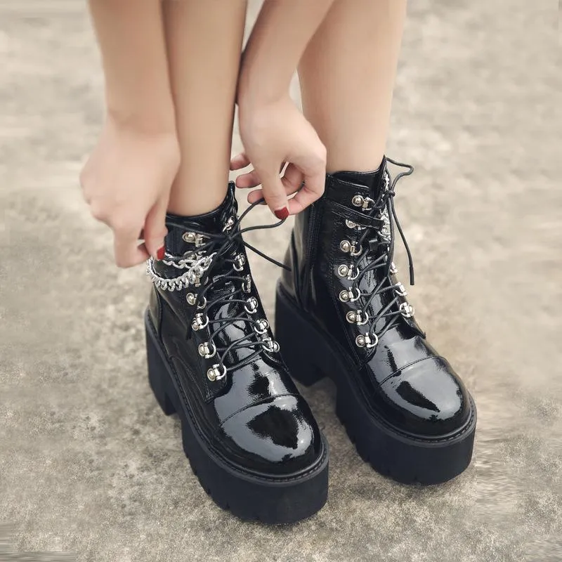 Women's black thick platform stempunk ankle boots metal décor gothic boots