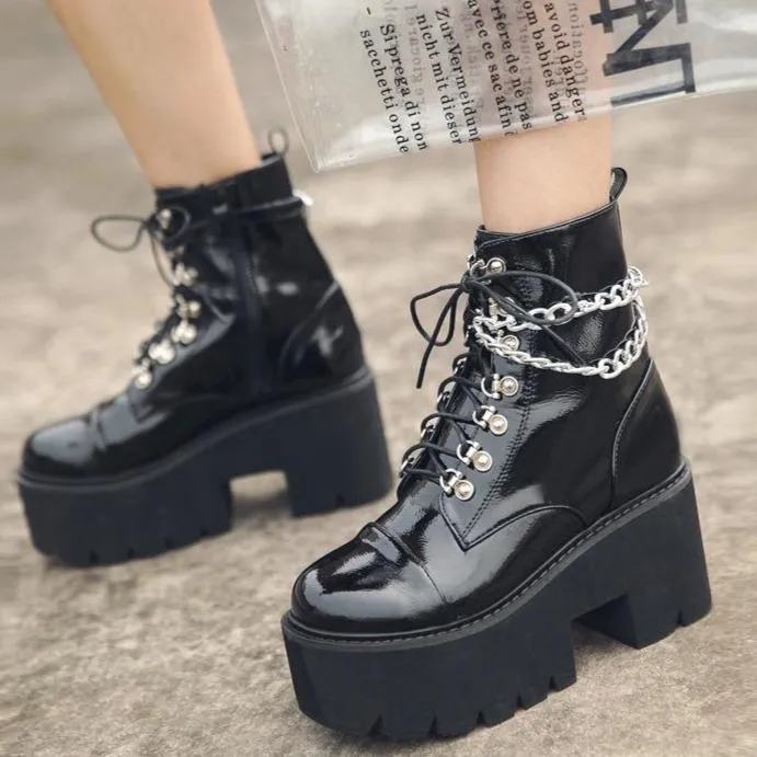 Women's black thick platform stempunk ankle boots metal décor gothic boots